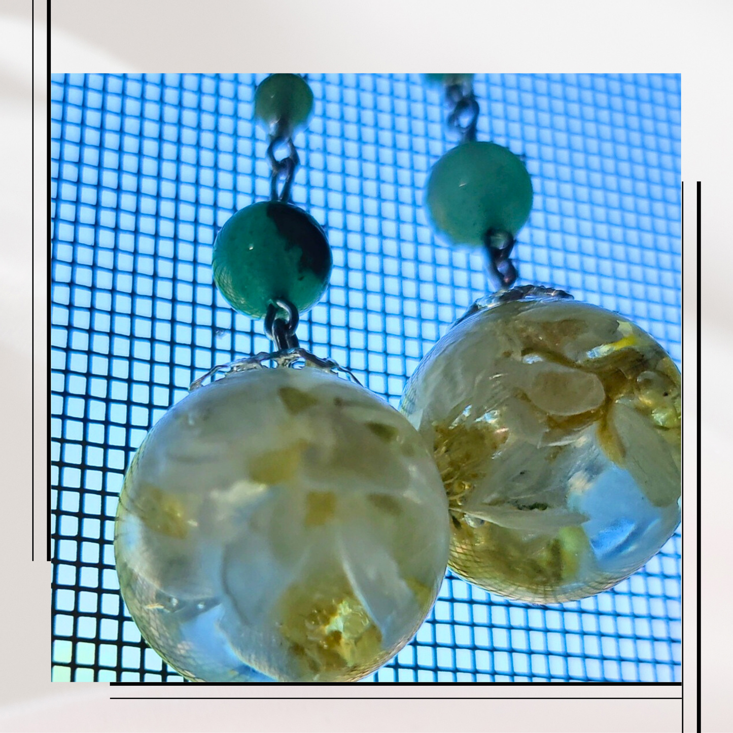 Botanical Bloom Earrings – Real Flower Resin & Green Gemstone Dangles
