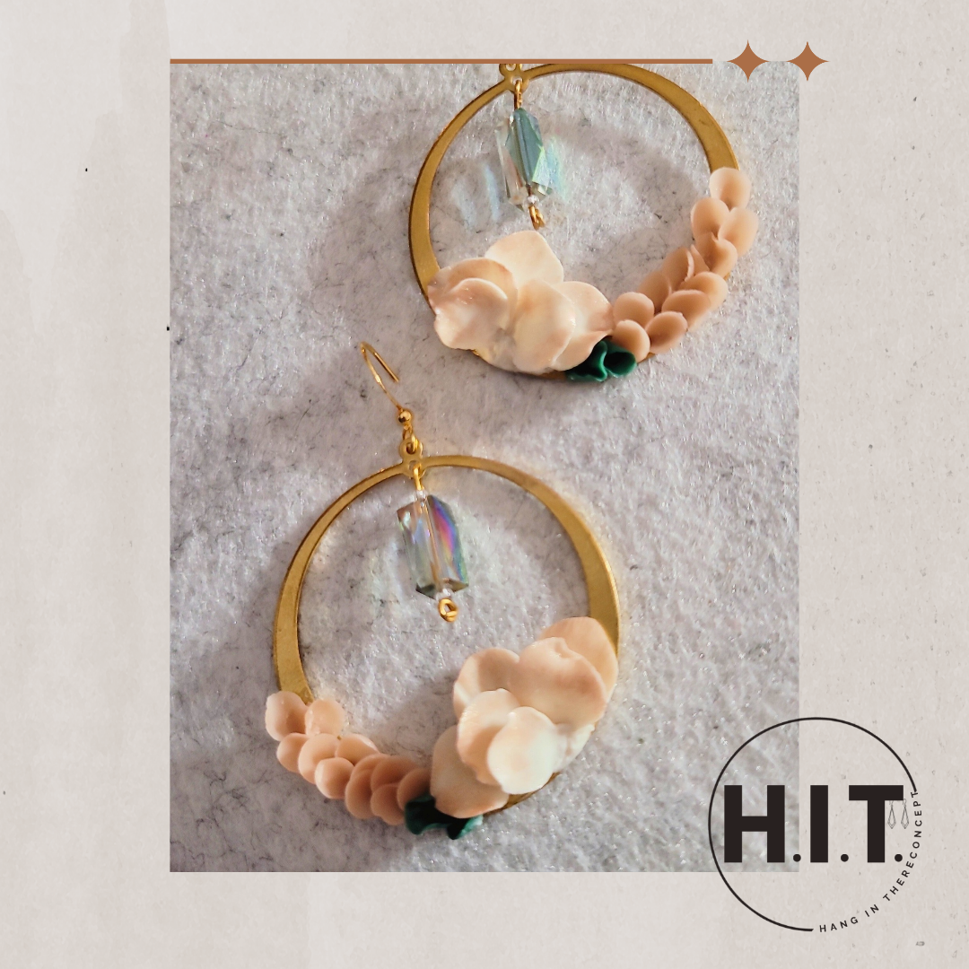 Handmade Floral Hoop Earrings, Gold & Blush with Iridescent Crystal Drop