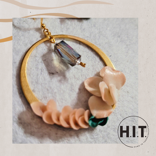 Handmade Floral Hoop Earrings, Gold & Blush with Iridescent Crystal Drop