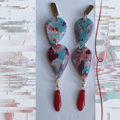 Unique translucent clay Earrings with Teal & Burgundy Marbling, Red glass bead &
