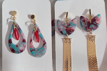 Unique translucent clay Earrings with Teal & Burgundy Marbling, Red glass bead &