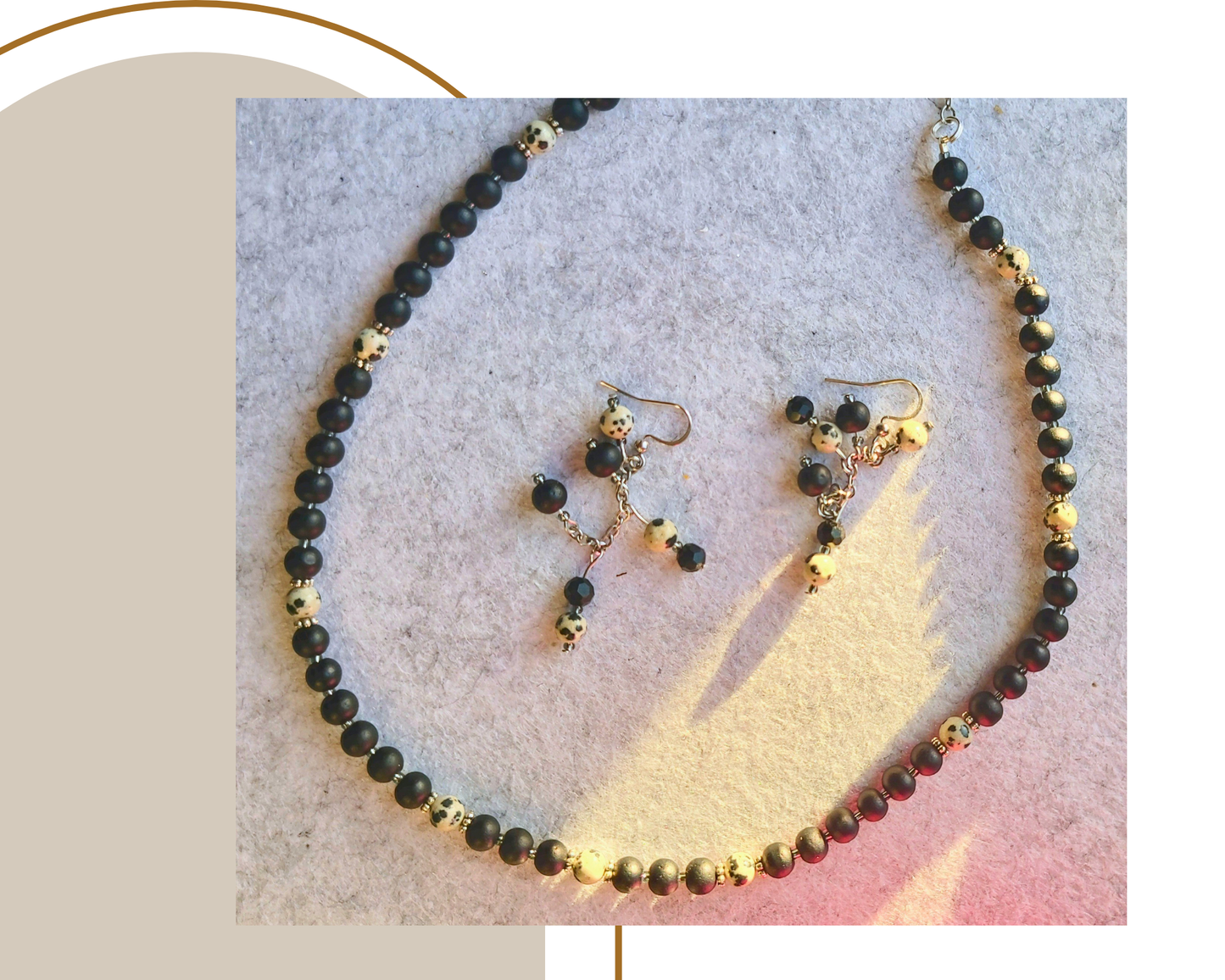 Dalmatian Jasper & Black Glass Bead Necklace Set | Handmade Gemstone Jewelry | Earthy Boho Gift for Her | Natural Stone Necklace and Earrings