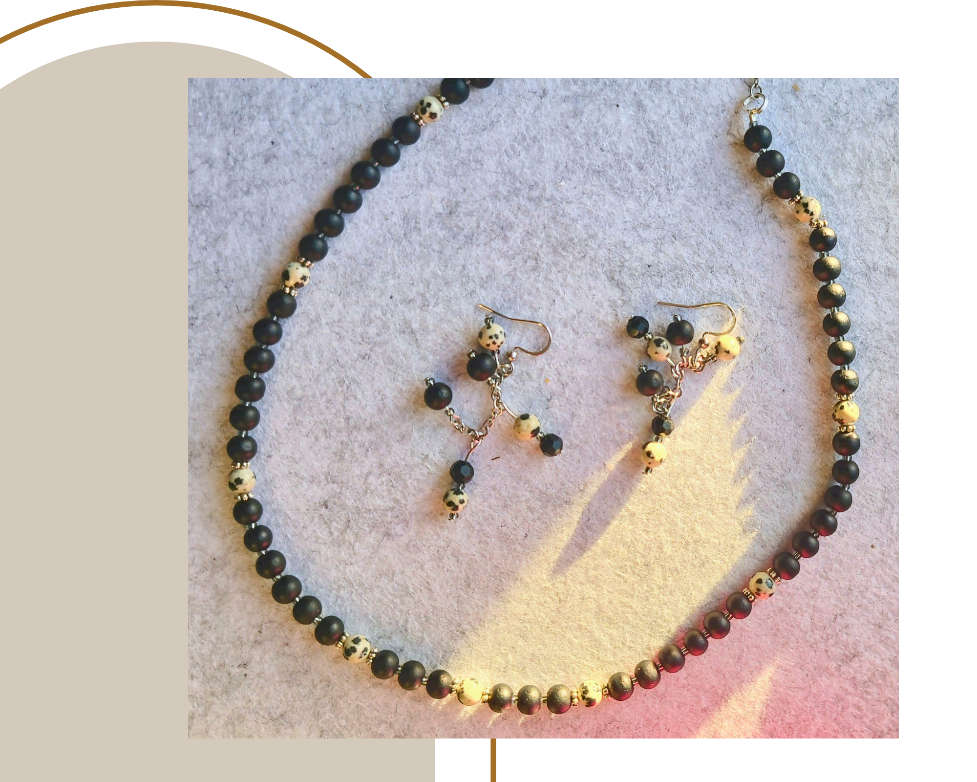 Dalmatian Jasper & Black Glass Bead Necklace Set | Handmade Gemstone Jewelry | Earthy Boho Gift for Her | Natural Stone Necklace and Earrings