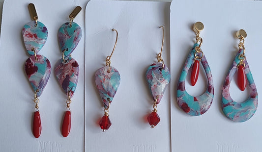 Unique translucent clay Earrings with Teal & Burgundy Marbling, Red glass bead &