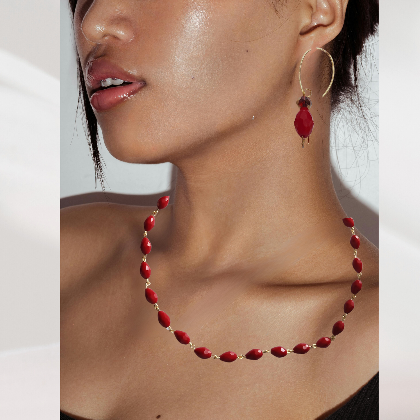 Red Beaded Necklace and Earring Set | Bold Handmade Jewelry | Gift for Her | Elegant Statement Jewelry | Gold-Tone Jewelry Set