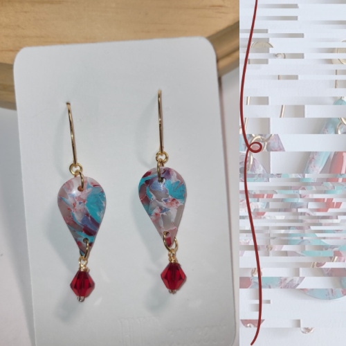 Unique translucent clay Earrings with Teal & Burgundy Marbling, Red glass bead &