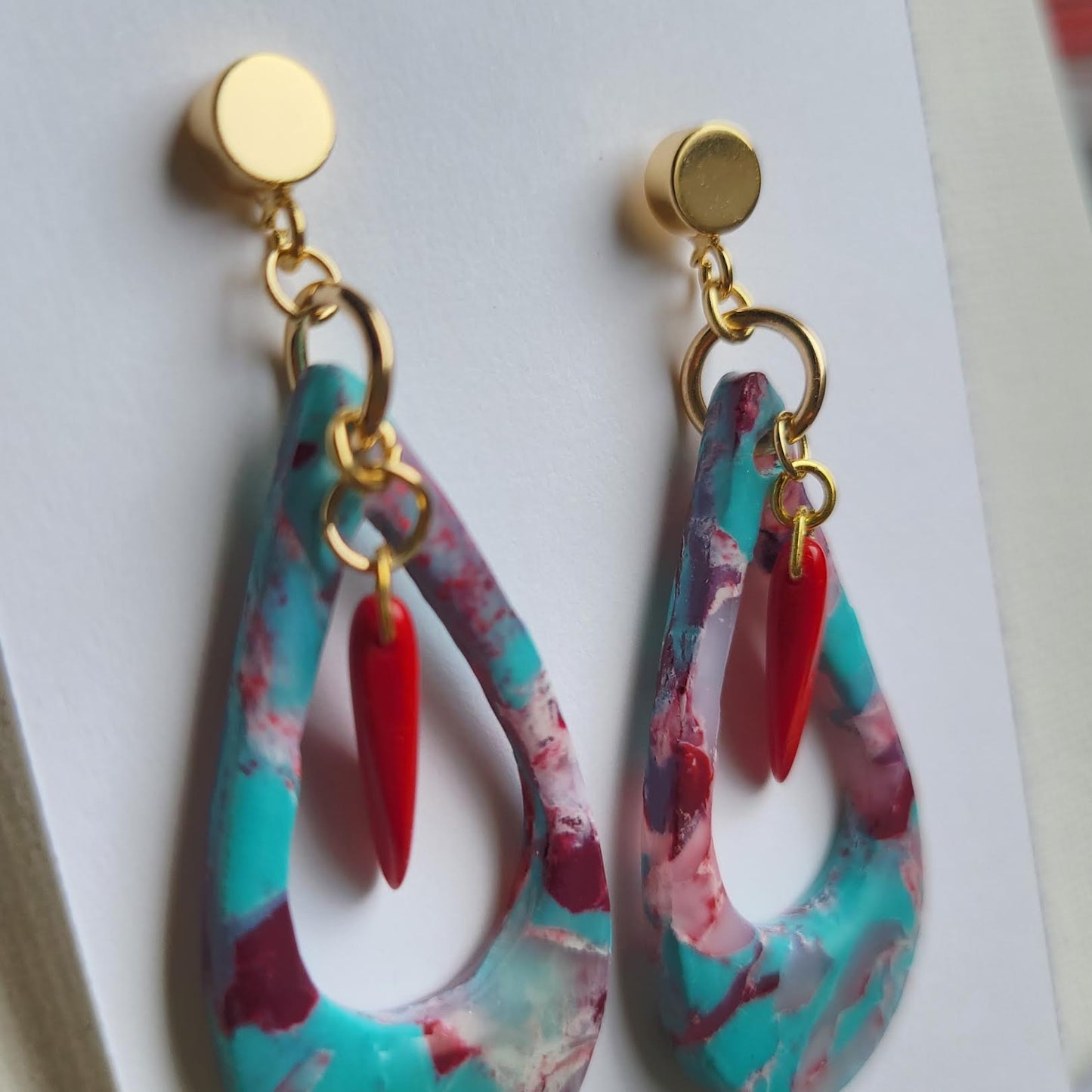Unique translucent clay Earrings with Teal & Burgundy Marbling, Red glass bead &