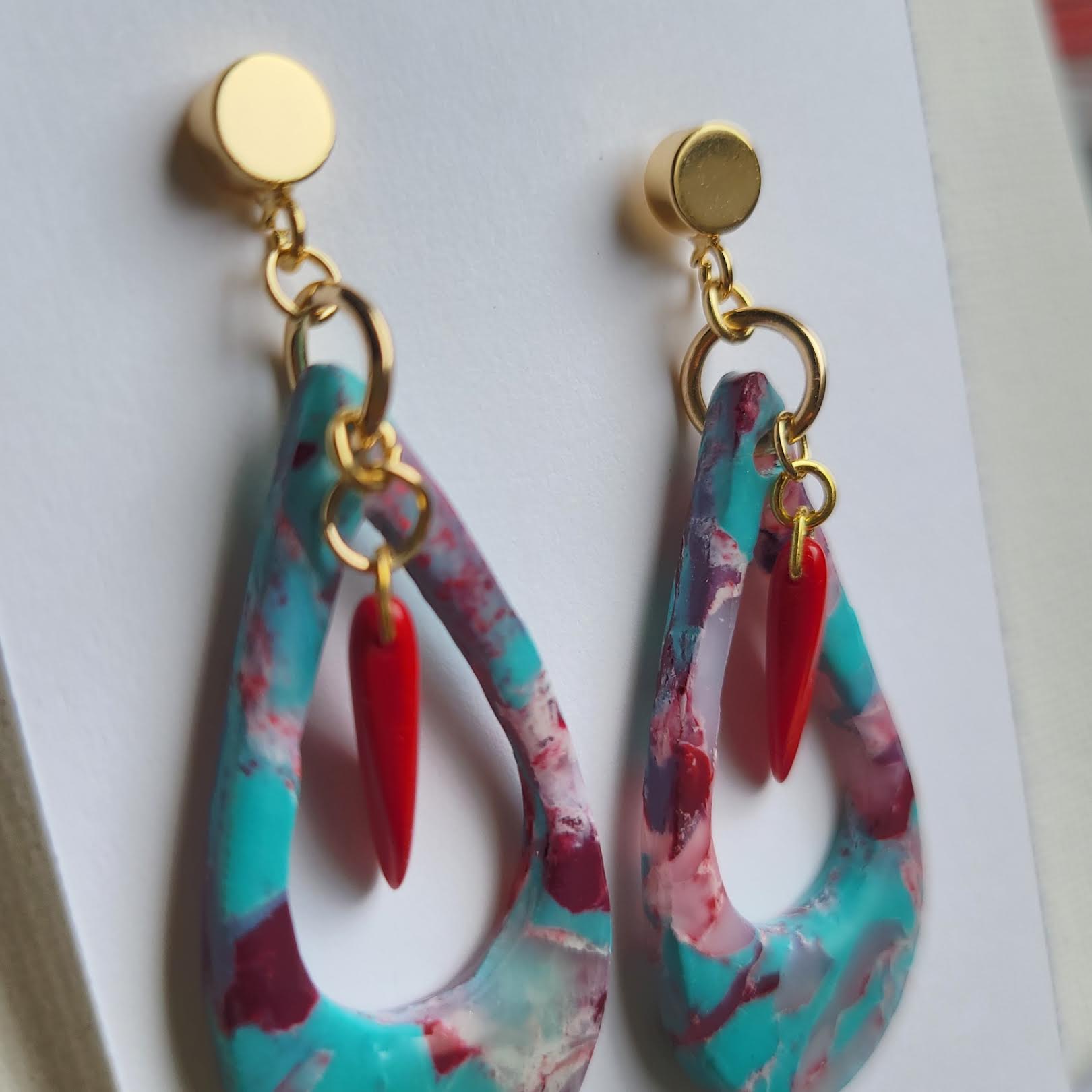 Unique translucent clay Earrings with Teal & Burgundy Marbling, Red glass bead &