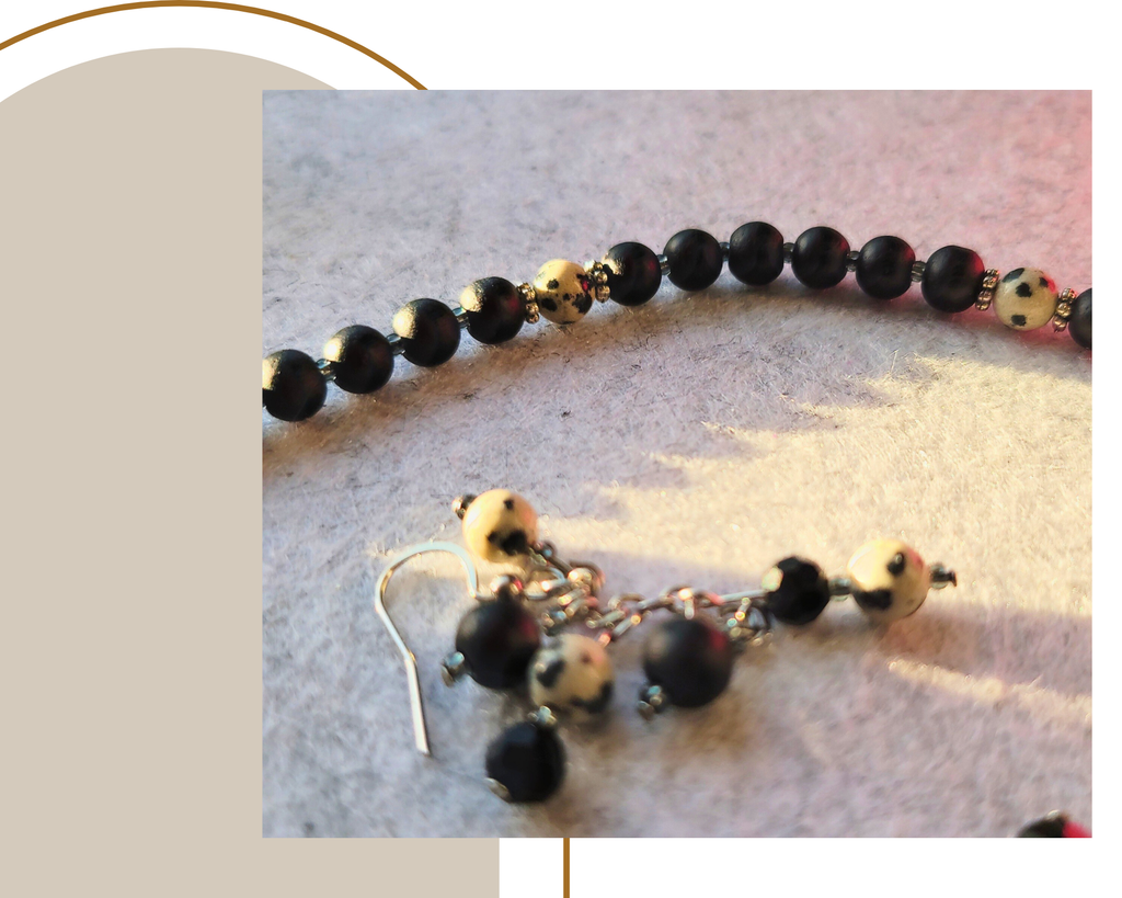 Dalmatian Jasper & Black Glass Bead Necklace Set | Handmade Gemstone Jewelry | Earthy Boho Gift for Her | Natural Stone Necklace and Earrings