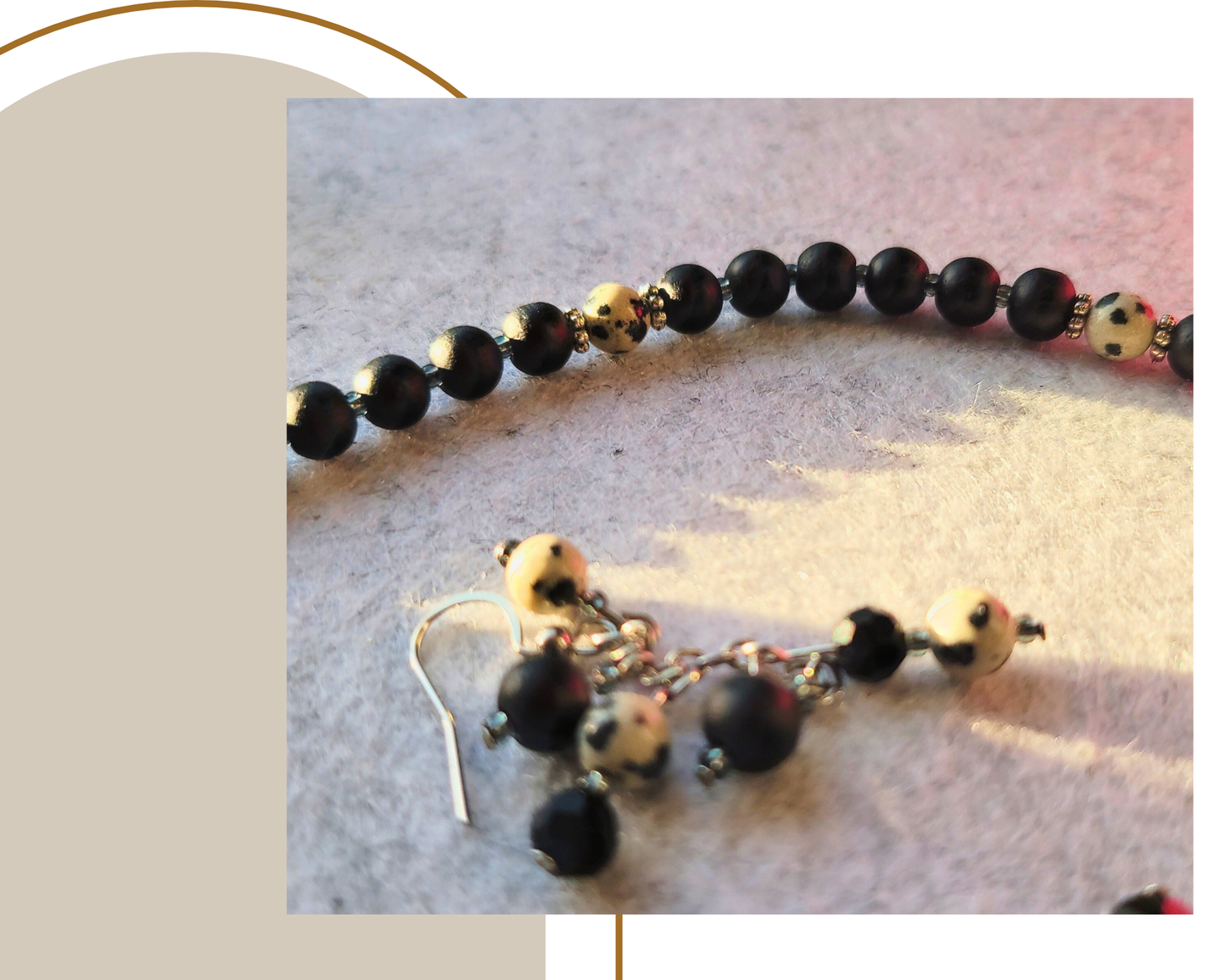 Dalmatian Jasper & Black Glass Bead Necklace Set | Handmade Gemstone Jewelry | Earthy Boho Gift for Her | Natural Stone Necklace and Earrings