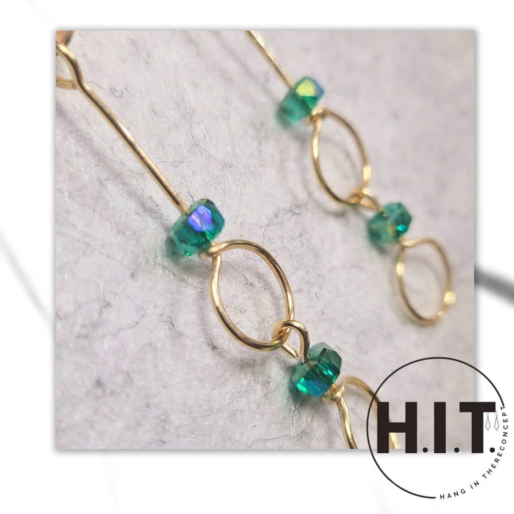 Green Crystal Gold Dangle Earrings – Handmade Minimalist Jewelry