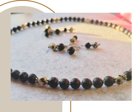 Dalmatian Jasper & Black Glass Bead Necklace Set | Handmade Gemstone Jewelry | Earthy Boho Gift for Her | Natural Stone Necklace and Earrings