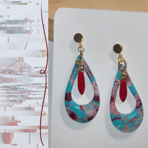 Unique translucent clay Earrings with Teal & Burgundy Marbling, Red glass bead &