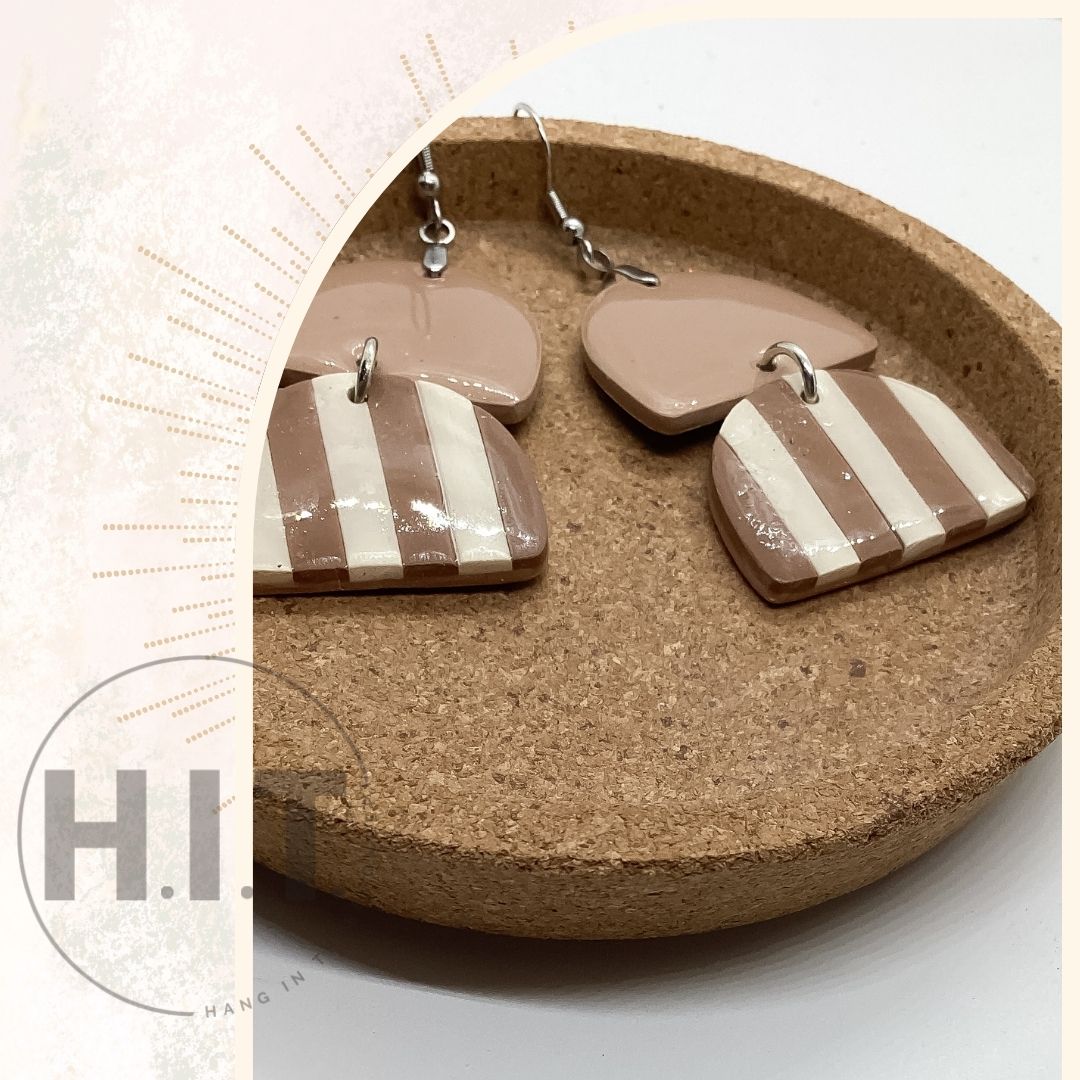 Title:
Striped Neutral Statement Earrings – Handmade Polymer Clay Jewelry