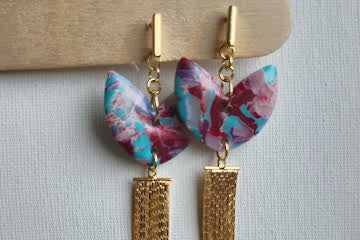 Unique translucent clay Earrings with Teal & Burgundy Marbling, Red glass bead &