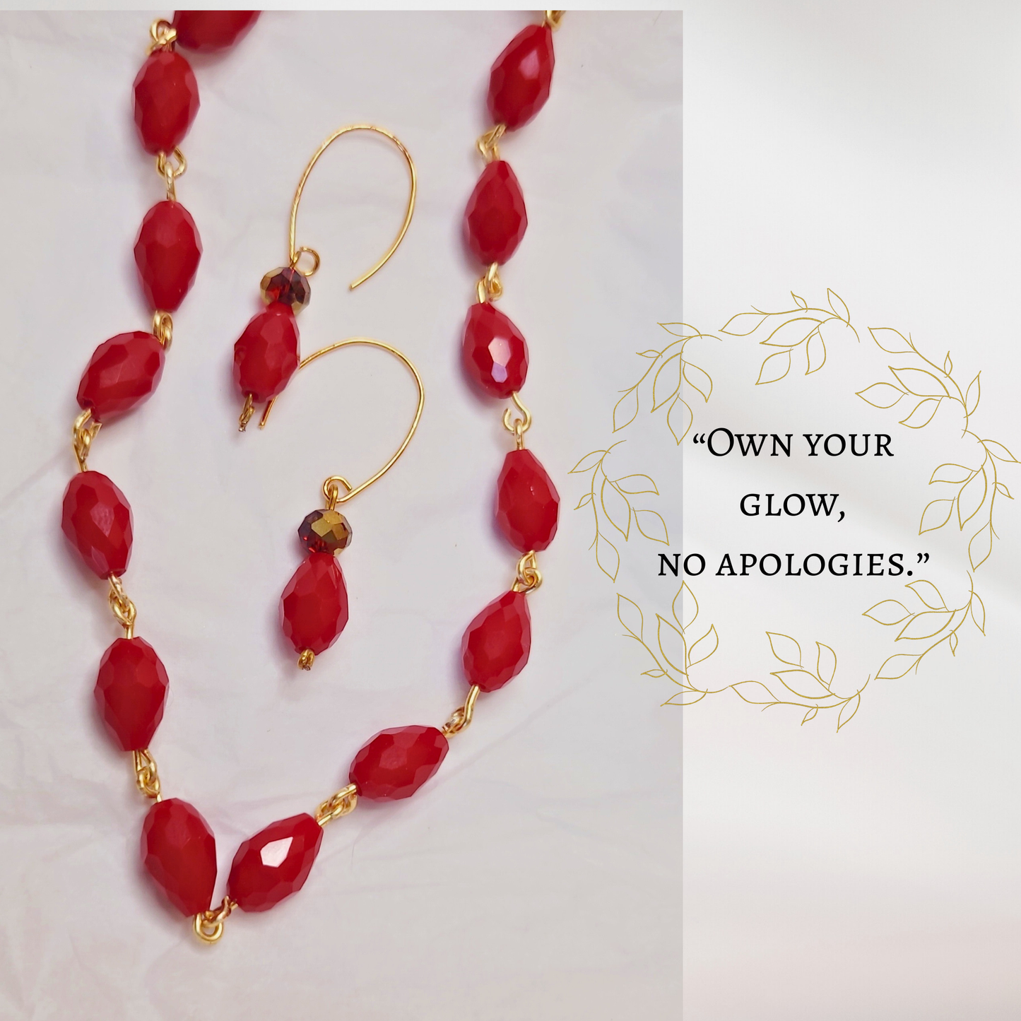 Red Beaded Necklace and Earring Set | Bold Handmade Jewelry | Gift for Her | Elegant Statement Jewelry | Gold-Tone Jewelry Set