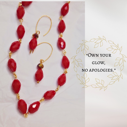 Red Beaded Necklace and Earring Set | Bold Handmade Jewelry | Gift for Her | Elegant Statement Jewelry | Gold-Tone Jewelry Set