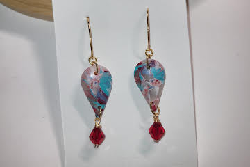 Unique translucent clay Earrings with Teal & Burgundy Marbling, Red glass bead &