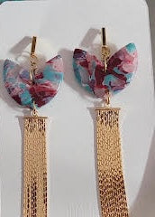 Unique translucent clay Earrings with Teal & Burgundy Marbling, Red glass bead &
