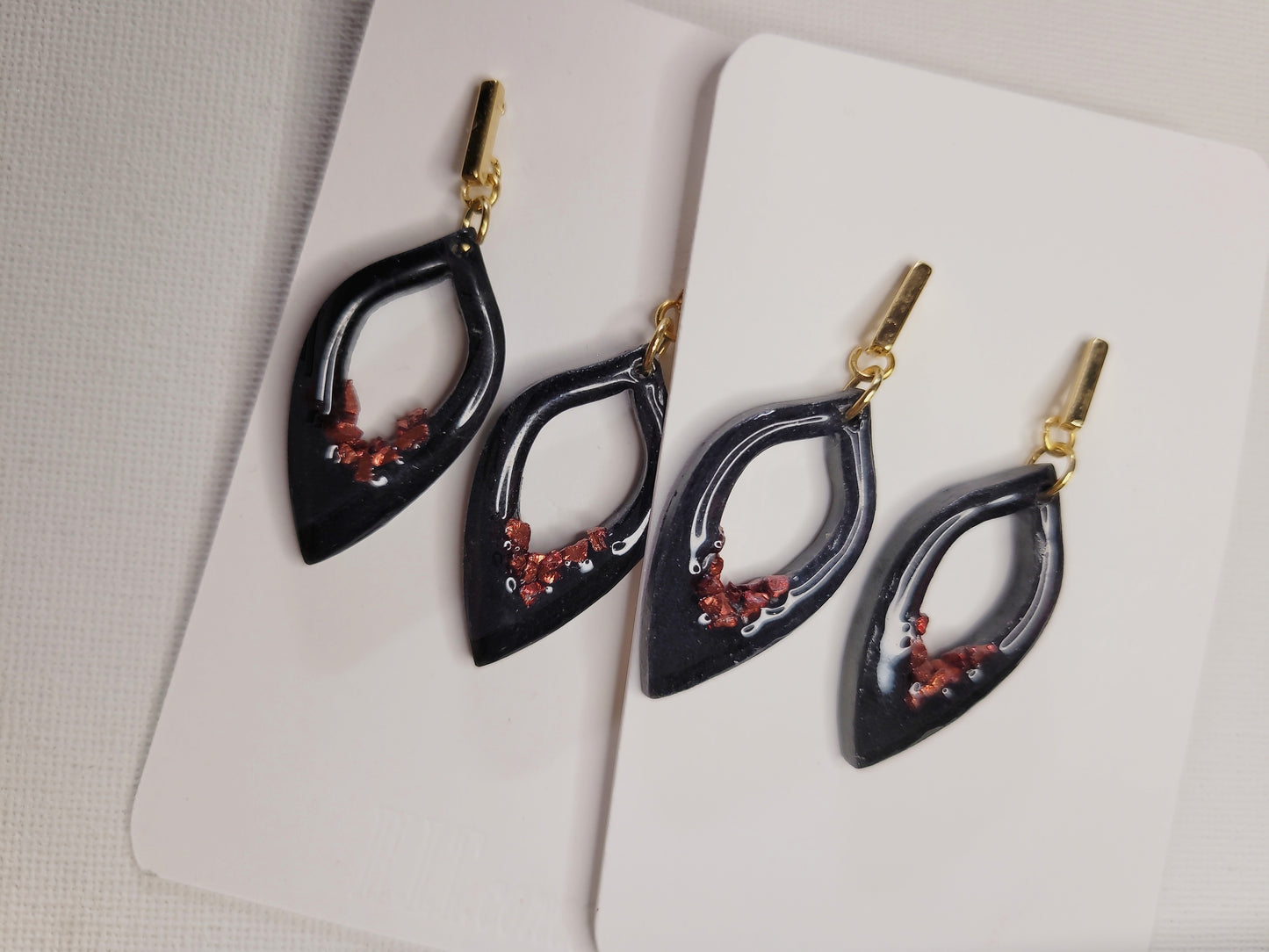 Midnight Ember Teardrop Earrings | Black Resin with Gold Accents