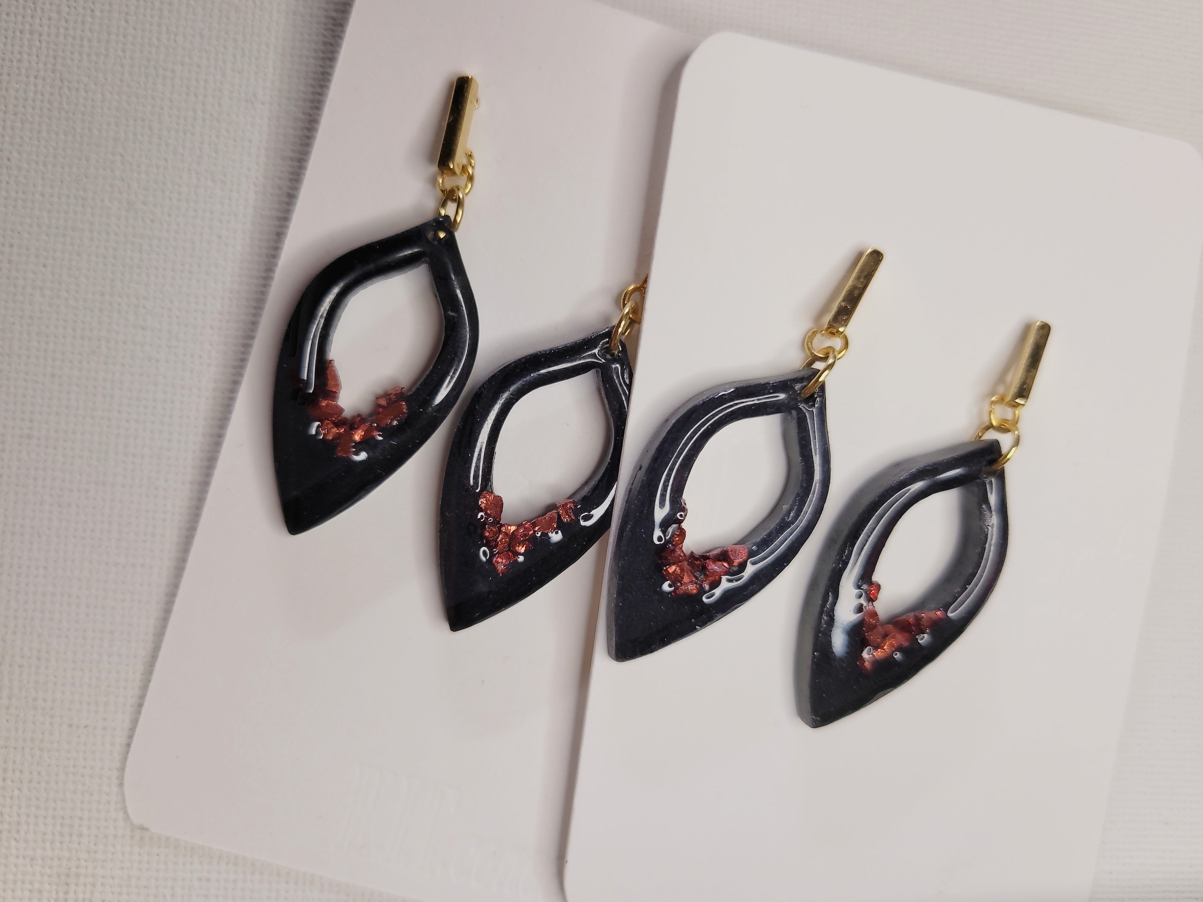 Midnight Ember Teardrop Earrings | Black Resin with Gold Accents