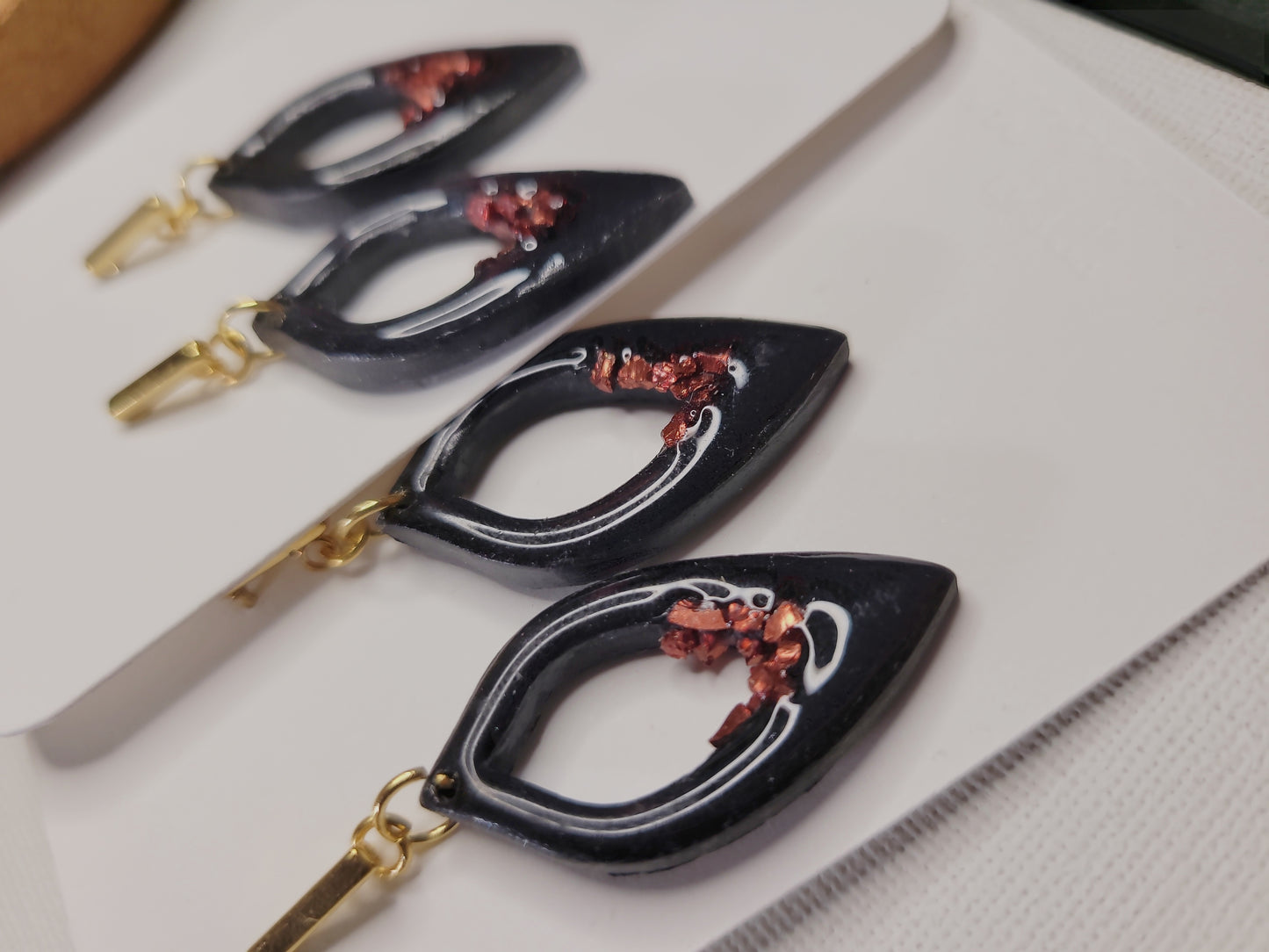 Midnight Ember Teardrop Earrings | Black Resin with Gold Accents