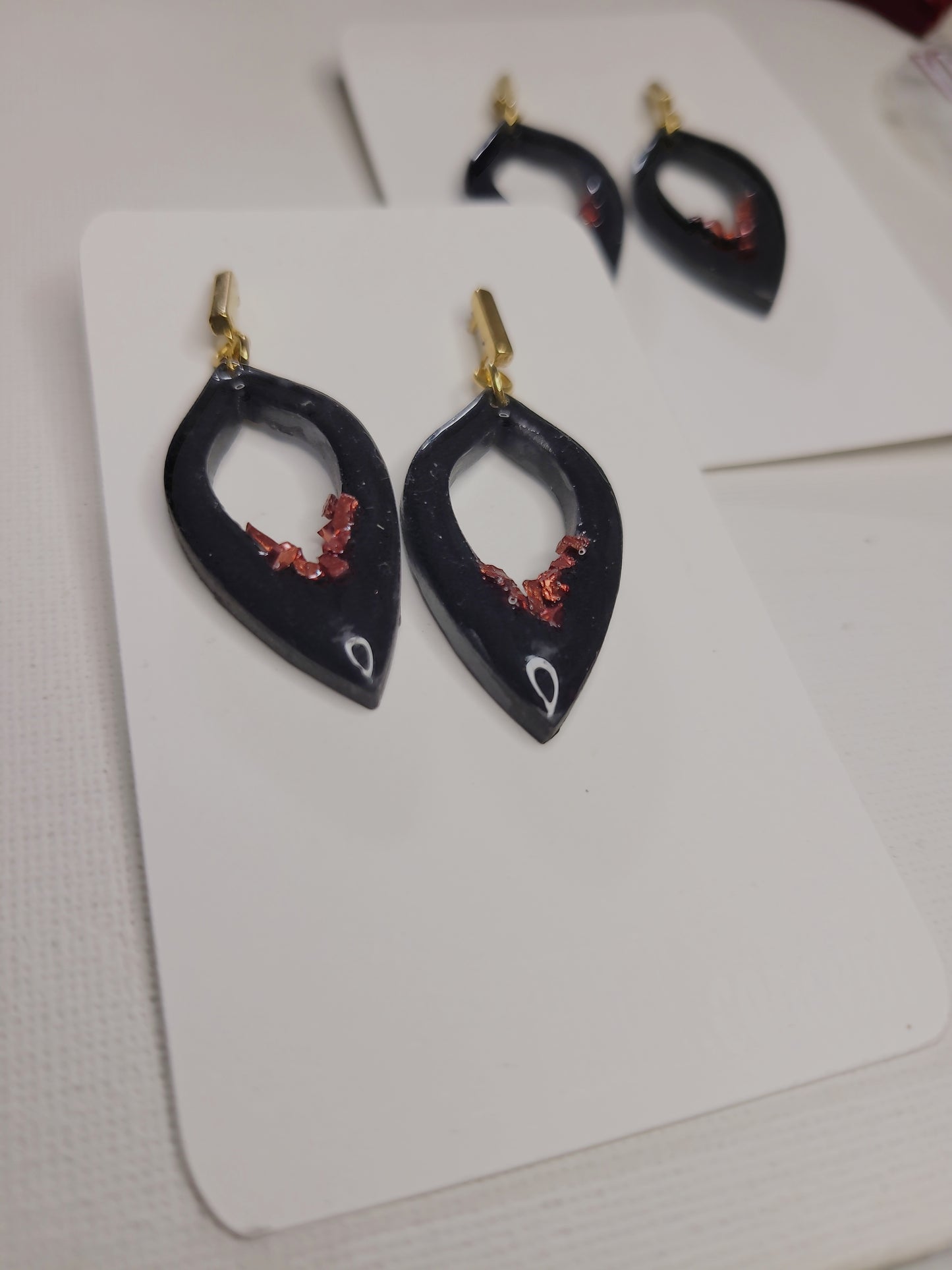 Midnight Ember Teardrop Earrings | Black Resin with Gold Accents