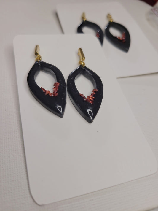 Midnight Ember Teardrop Earrings | Black Resin with Gold Accents
