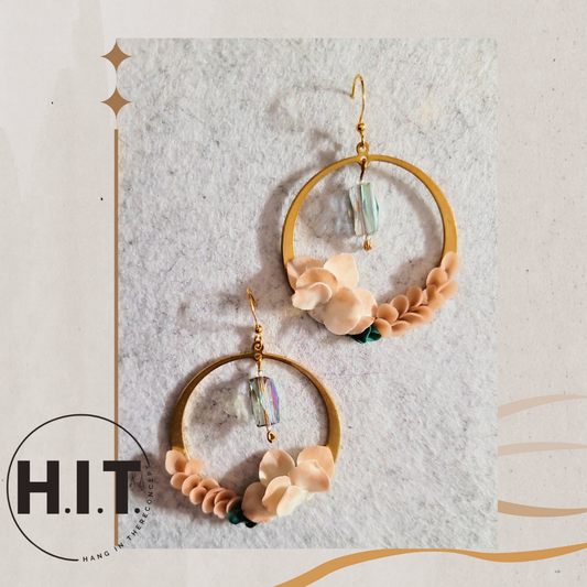 Handmade Floral Hoop Earrings, Gold & Blush with Iridescent Crystal Drop
