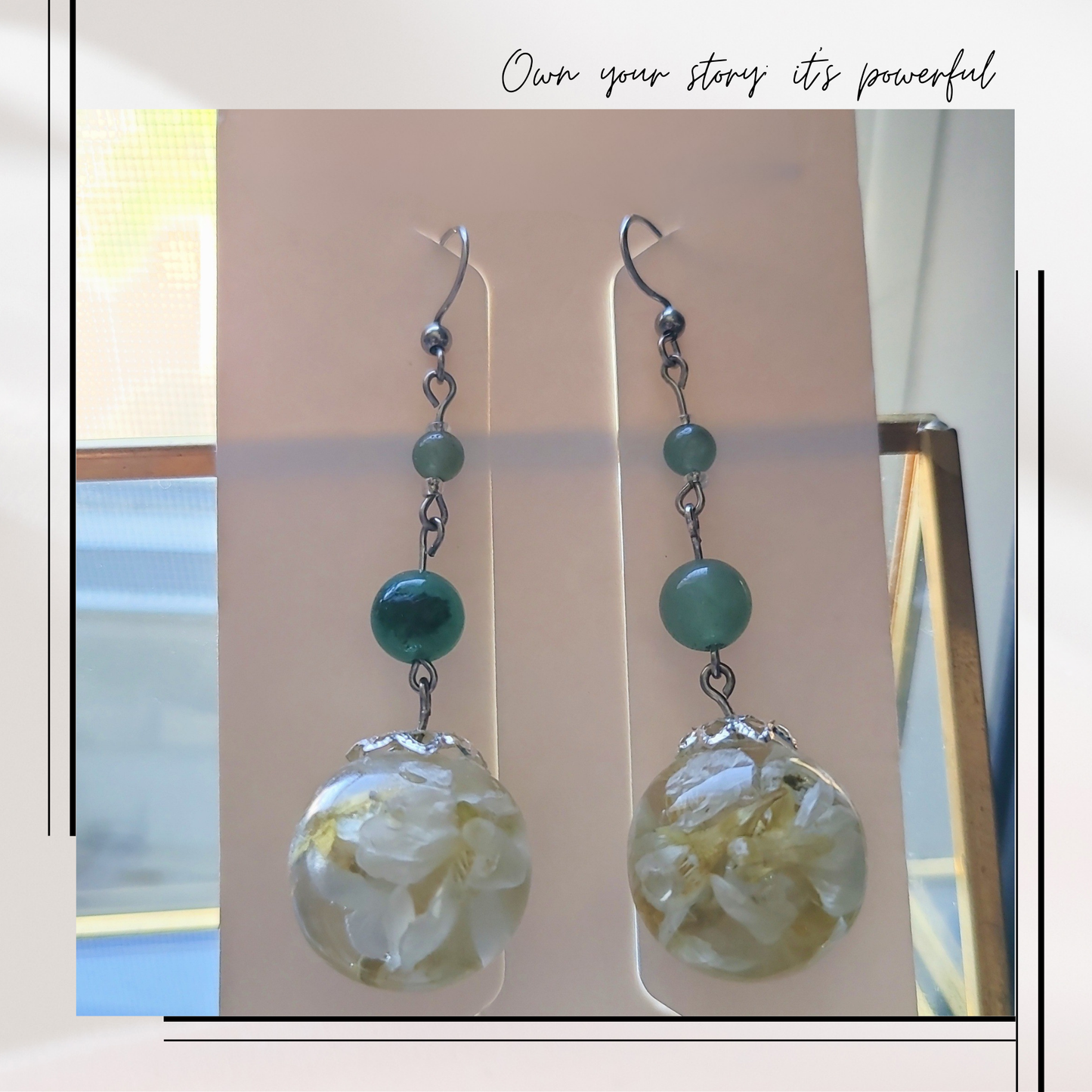 Botanical Bloom Earrings – Real Flower Resin & Green Gemstone Dangles