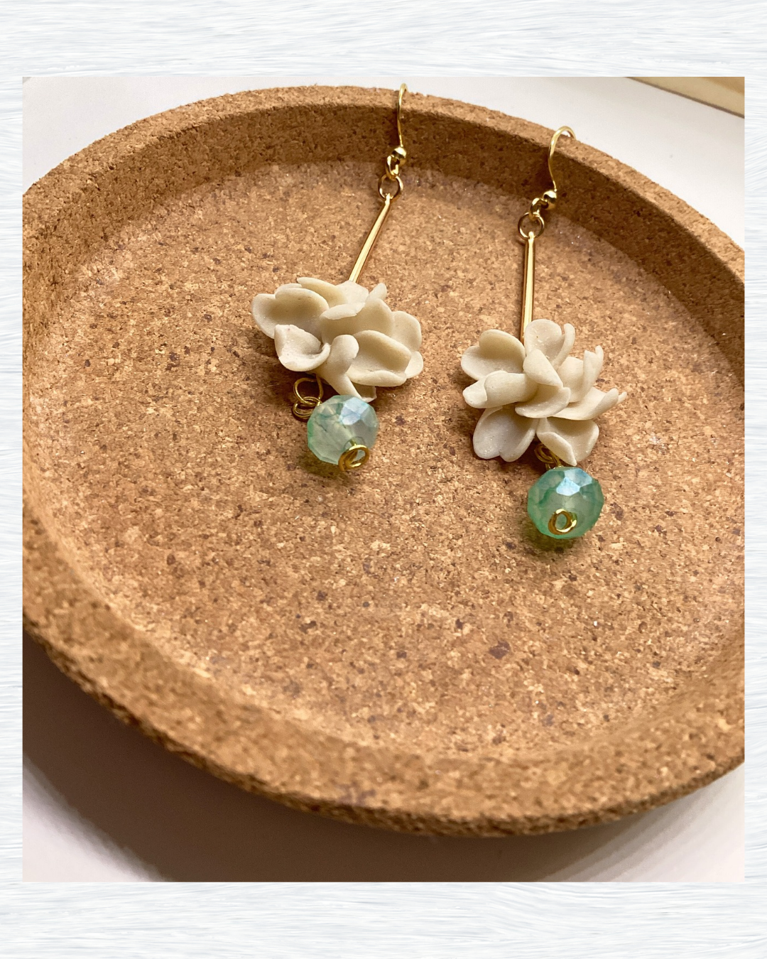 Elegant Bloom Drop Earrings – Handmade Mini Clay Flowers & Sea Green Glass Beads
