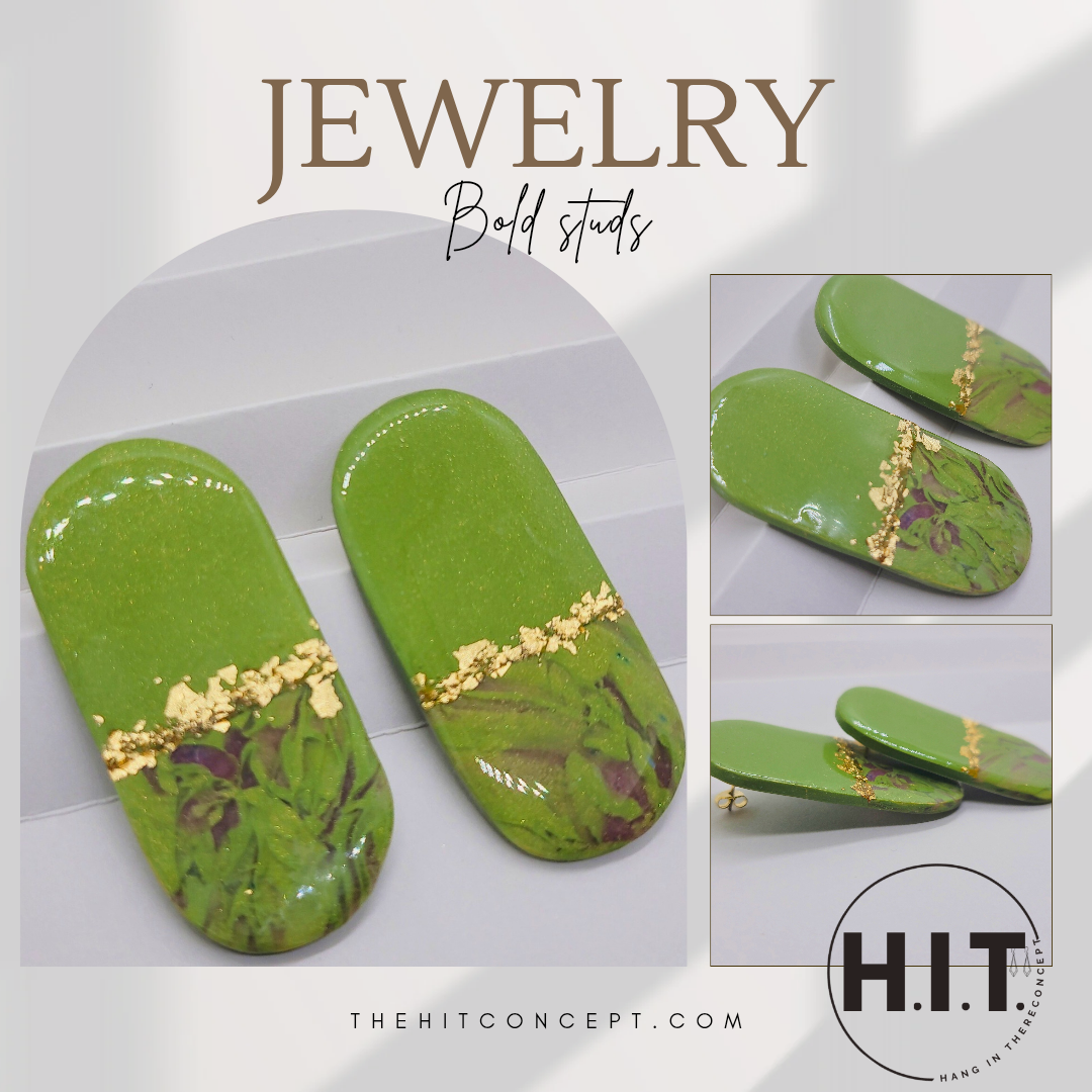 Bold Polymer Clay Statement Earrings Resin Coated Lightweight Studs (2.5” Push Backs)
