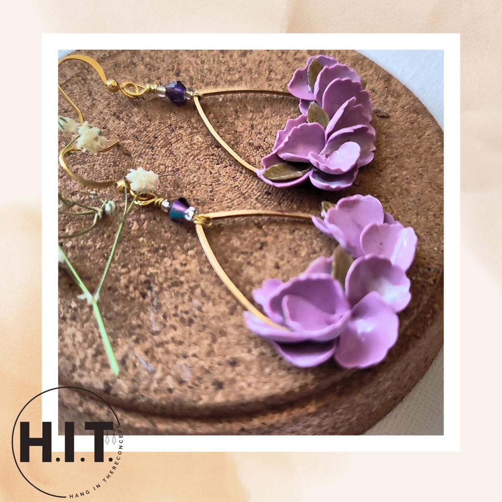 Purple Blossom Teardrop Earrings – Handmade Floral Polymer Clay Jewelry