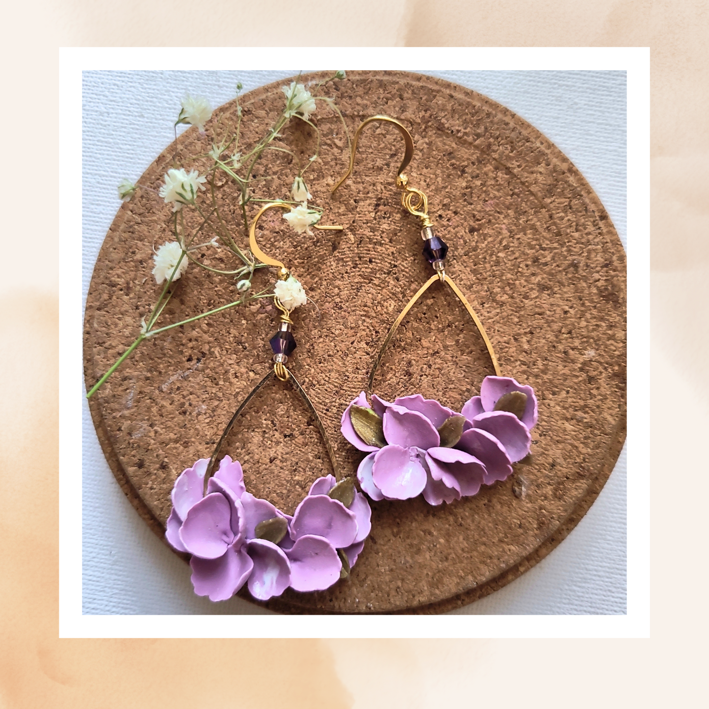 Purple Blossom Teardrop Earrings – Handmade Floral Polymer Clay Jewelry