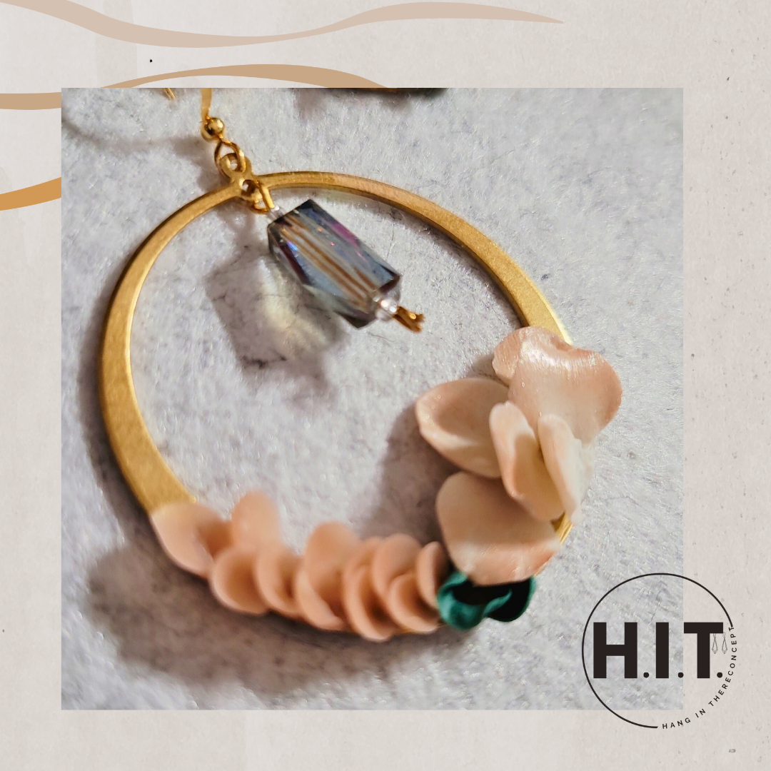 Handmade Floral Hoop Earrings, Gold & Blush with Iridescent Crystal Drop