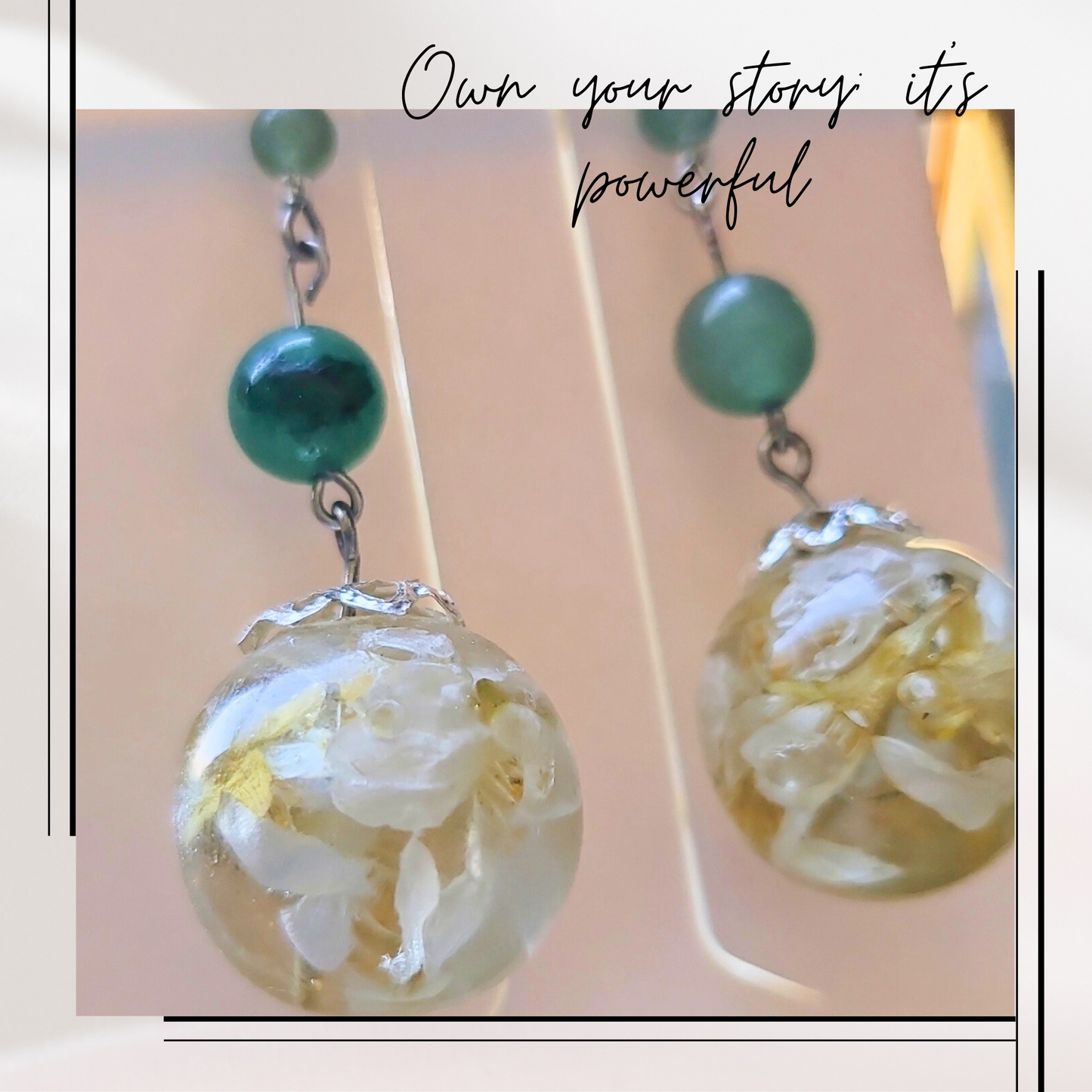 Botanical Bloom Earrings – Real Flower Resin & Green Gemstone Dangles