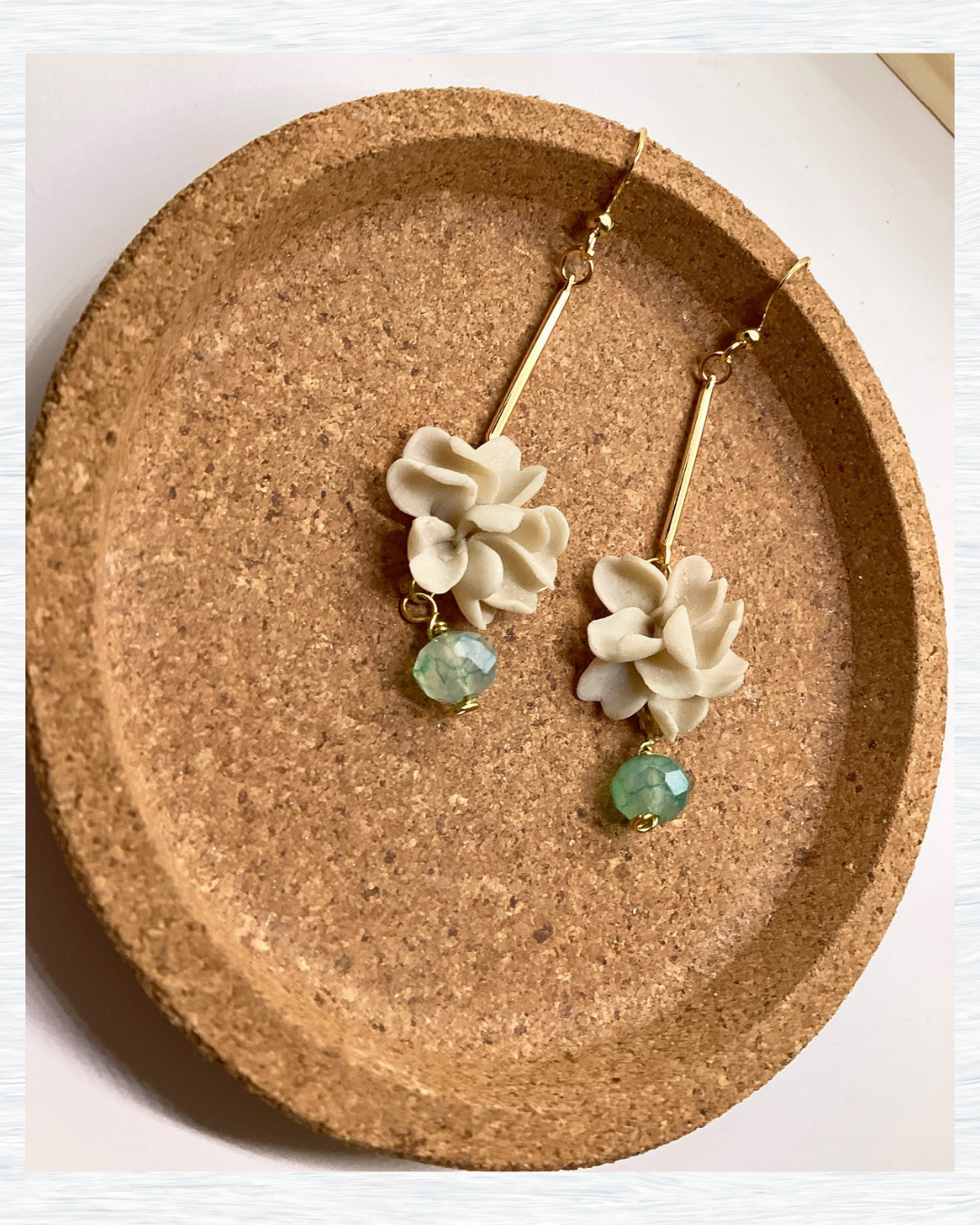 Elegant Bloom Drop Earrings – Handmade Mini Clay Flowers & Sea Green Glass Beads